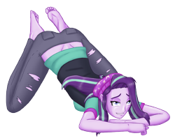 Size: 3000x2376 | Tagged: safe, artist:artemis-polara, character:starlight glimmer, equestria girls:mirror magic, g4, my little pony: equestria girls, my little pony:equestria girls, spoiler:eqg specials, barefoot, beanie, clothing, commission, face down ass up, feet, female, hat, simple background, soles, solo, torn clothes, transparent background