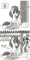 Size: 2304x4608 | Tagged: safe, artist:dsp2003, oc, oc only, oc:brownie bun, oc:richard, species:earth pony, species:human, species:pony, horse wife, bald, cucumber, female, fire extinguisher, food, implied lethal chef, kitchen, knife, leek, male, mare, monochrome, open mouth, screaming, this will end in tears and/or breakfast, tomato, underhoof