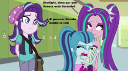 Size: 1024x573 | Tagged: safe, artist:eagc7, artist:pregnancylove, artist:princessfireshiner, artist:themexicanpunisher, edit, character:aria blaze, character:sonata dusk, character:starlight glimmer, my little pony:equestria girls, arm behind back, bare shoulders, beanie, clothing, crying, death, dubbing, female, hat, hiromi hayakawa, irl, rest in peace, sad, shoulderless, sleeveless, spanish, strapless, tribute, voice actor