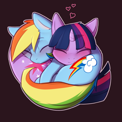 Size: 2800x2800 | Tagged: safe, artist:captainpudgemuffin, character:rainbow dash, character:twilight sparkle, species:pony, ship:twidash, :<, behaving like a cat, blushing, brown background, butt pillow, captainpudgemuffin is trying to murder us, cuddling, cute, dashabetes, eyes closed, female, heart, hnnng, lesbian, pony pillow, shipping, simple background, sleeping, smiling, snuggling, twiabetes