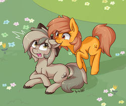Size: 1518x1280 | Tagged: safe, artist:dsp2003, oc, oc only, oc:meadow stargazer, oc:stone, species:earth pony, species:pony, biting, blushing, chest fluff, crying, cute, ear bite, ear fluff, female, floppy ears, horses doing horse things, lesbian, mare, nom, ocbetes, open mouth