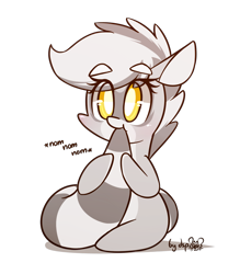 Size: 1120x1280 | Tagged: safe, artist:dsp2003, oc, oc only, oc:bandy cyoot, species:earth pony, species:pony, bipedal, chibi, cute, dsp2003 is trying to murder us, female, mare, nom, ocbetes, raccoon pony, simple background, solo, style emulation, tail bite, transparent background