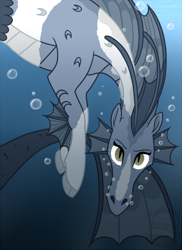 Size: 600x826 | Tagged: safe, artist:tambelon, oc, oc only, oc:treble, species:siren, bubble, female, hippocampus, looking at you, merpony, siren oc, solo, underwater, watermark