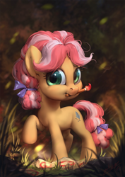 Size: 850x1200 | Tagged: safe, artist:assasinmonkey, character:kettle corn, species:earth pony, species:pony, episode:marks and recreation, g4, my little pony: friendship is magic, assasinmonkey is trying to murder us, cute, diabetes, female, filly, hnnng, kettlebetes, mouth hold, paintbrush, raised hoof, smiling, solo, weapons-grade cute