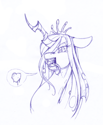 Size: 2193x2657 | Tagged: safe, artist:longinius, character:queen chrysalis, species:changeling, species:pony, drool, drool string, fangs, female, floppy ears, heart, licking, licking lips, mare, monochrome, open mouth, solo, tongue out