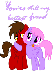 Size: 1200x1600 | Tagged: safe, artist:toyminator900, oc, oc only, oc:chip, oc:melody notes, species:pegasus, species:pony, duo, hug, simple background, tongue out, transparent background