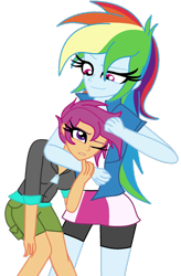 Size: 800x1222 | Tagged: safe, artist:cbear624, character:rainbow dash, character:scootaloo, species:pegasus, species:pony, my little pony:equestria girls, art trade, clothing, compression shorts, cute, female, noogie, one eye closed, scootalove, shorts, simple background, skirt, transparent background