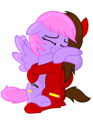 Size: 1200x1600 | Tagged: safe, artist:toyminator900, oc, oc only, oc:chip, oc:melody notes, species:pegasus, species:pony, duo, hug, simple background, smiling, transparent background