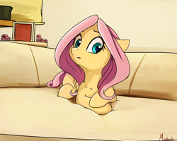 Size: 2500x2000 | Tagged: safe, artist:miokomata, character:fluttershy, species:pegasus, species:pony, couch, cute, doge, female, floppy ears, looking at you, mare, picture frame, ponified animal photo, prone, shyabetes, solo, sweet dreams fuel