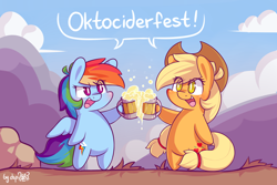 Size: 2994x2000 | Tagged: safe, artist:dsp2003, character:applejack, character:rainbow dash, species:earth pony, species:pegasus, species:pony, apple cider (drink), bipedal, blushing, chibi, cider, comic, female, oktoberfest, open mouth, single panel, style emulation