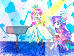 Size: 2813x2117 | Tagged: safe, artist:liaaqila, character:rarity, character:sweetie belle, my little pony:equestria girls, clothing, commission, concert, dress, duo, female, flower, flower in hair, gala dress, microphone, piano, singing, sisters