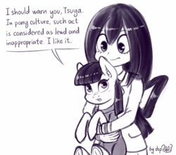 Size: 1490x1315 | Tagged: safe, artist:dsp2003, character:maud pie, species:earth pony, species:human, species:pony, inktober, comic, crossover, cute, duo, duo female, female, holding a pony, lewd, mai waifus have met, mare, maudabetes, monochrome, my hero academia, simple background, single panel, sketch, tsuyu asui, white background