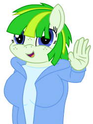 Size: 1200x1600 | Tagged: safe, artist:toyminator900, oc, oc only, oc:green lightning, species:anthro, anthro oc, breasts, clothing, female, freckles, hand, hoodie, open mouth, simple background, solo, transparent background