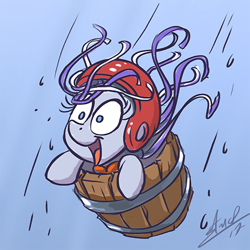 Size: 512x512 | Tagged: safe, artist:assasinmonkey, character:twilight velvet, species:pony, episode:once upon a zeppelin, g4, my little pony: friendship is magic, barrel, female, helmet, lifejacket, mare, neighagra falls, open mouth, scene interpretation, silly, silly pony, solo, tongue out, waterfall