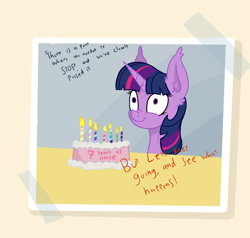 Size: 1737x1657 | Tagged: safe, artist:paskanaakka, derpibooru original, character:twilight sparkle, species:pony, species:unicorn, :t, cake, candle, ear fluff, empty eyes, female, food, happy birthday mlp:fim, mare, meme, mlp fim's seventh anniversary, no catchlights, nose wrinkle, simple background, smiling, solo, spilled milk, wide eyes