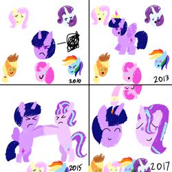 Size: 1000x1000 | Tagged: safe, artist:toyminator900, character:applejack, character:fluttershy, character:pinkie pie, character:rainbow dash, character:rarity, character:starlight glimmer, character:twilight sparkle, character:twilight sparkle (alicorn), species:alicorn, species:earth pony, species:pegasus, species:pony, species:unicorn, >.<, candle, cupcake, eyes closed, food, happy birthday mlp:fim, mane six, mlp fim's seventh anniversary, simple background, white background