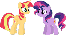 Size: 1024x549 | Tagged: safe, artist:ra1nb0wk1tty, character:sunset shimmer, character:twilight sparkle, character:twilight sparkle (alicorn), species:alicorn, species:pony, species:unicorn, female, mare, palette swap, recolor, simple background, transparent background