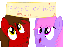 Size: 1600x1200 | Tagged: safe, artist:toyminator900, oc, oc only, oc:chip, oc:melody notes, species:pony, banner, duo, happy birthday mlp:fim, mlp fim's seventh anniversary, simple background, transparent background