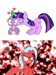 Size: 1740x2328 | Tagged: safe, artist:navitaserussirus, edit, character:spike, character:trixie, character:twilight sparkle, species:dragon, ship:twispike, ship:twixie, angry, female, kissing, lesbian, love triangle, male, shipping, straight