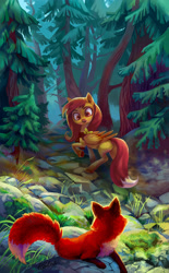 Size: 2362x3816 | Tagged: safe, artist:holivi, oc, oc only, species:fox, species:pegasus, species:pony, female, forest, fox tail, high res, looking back, mare, pine tree, red fox, smiling, tree