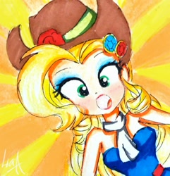 Size: 1974x2045 | Tagged: safe, artist:liaaqila, character:applejack, episode:make up shake up, eqg summertime shorts, g4, my little pony: equestria girls, my little pony:equestria girls, applejewel, clothing, fall formal outfits, female, looking at you, makeup, solo, surprised, traditional art