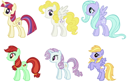 Size: 1850x1198 | Tagged: safe, artist:themexicanpunisher, character:candy apples, character:cloud kicker, character:flitter, character:moondancer, character:north point, character:surprise, species:alicorn, species:pony, alicornified, alternate mane six, apple family member, moondancercorn, race swap, recolor, simple background, white background
