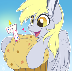 Size: 1500x1484 | Tagged: safe, artist:meggchan, derpibooru original, character:derpy hooves, species:pegasus, species:pony, candle, cute, female, food, happy birthday mlp:fim, mare, mlp fim's seventh anniversary, muffin, solo