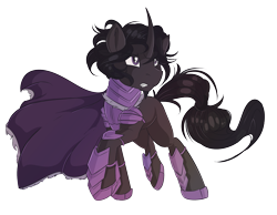 Size: 1905x1479 | Tagged: safe, artist:beardie, patreon reward, oc, oc only, oc:vazuria, species:pony, species:unicorn, armor, cape, clothing, curved horn, horseshoes, patreon, simple background, transparent background