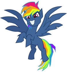 Size: 3000x3200 | Tagged: safe, artist:cheezedoodle96, character:evil pie hater dash, character:rainbow dash, species:pegasus, species:pony, episode:secrets and pies, g4, my little pony: friendship is magic, .svg available, evil, fangs, female, flying, grin, looking at you, mare, rearing, simple background, smiling, solo, spread wings, svg, transparent background, vector, wings