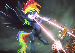 Size: 1200x850 | Tagged: safe, artist:assasinmonkey, character:evil pie hater dash, character:rainbow dash, species:pegasus, species:pony, episode:secrets and pies, g4, my little pony: friendship is magic, eye beams, female, flying, food, mare, pie, pure unfiltered evil, scene interpretation, solo, that pony sure does hate pies