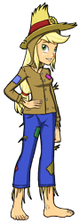 Size: 1224x3424 | Tagged: safe, artist:artemis-polara, character:applejack, my little pony:equestria girls, barefoot, clothing, costume, crossover, feet, female, freckles, hand on hip, pants, scarecrow, simple background, smiling, solo, the wizard of oz, transparent background