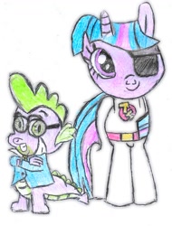 Size: 986x1299 | Tagged: safe, artist:grapefruitface1, character:spike, character:twilight sparkle, species:dragon, 80s, clothing, crossover, danger mouse, drawing, eyepatch, penfold, secret agent, spy, suit