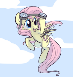 Size: 787x830 | Tagged: safe, artist:php27, character:fluttershy, species:pegasus, species:pony, cute, female, flying, goggles, mare, moe, sky, smiling, solo