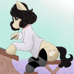Size: 2500x2500 | Tagged: safe, artist:lupin quill, oc, oc only, oc:aspiring artist, species:pony, clothing, desk, drawing tablet, jacket, sitting, socks, solo, stool, tablet pen