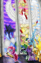 Size: 2500x3864 | Tagged: safe, artist:evil-dec0y, character:applejack, character:fluttershy, character:pinkie pie, character:princess celestia, character:princess luna, character:rainbow dash, character:rarity, character:twilight sparkle, character:twilight sparkle (alicorn), oc, oc:fausticorn, species:alicorn, species:earth pony, species:pegasus, species:pony, species:unicorn, accordion, laughing, mane six, musical instrument, singing, stained glass