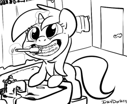 Size: 675x553 | Tagged: safe, artist:php27, character:minuette, species:pony, species:unicorn, adorkable, bathroom, braces, cute, dork, female, filly, minubetes, sink, toothbrush, younger