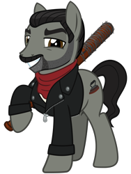 Size: 2400x3200 | Tagged: safe, artist:cheezedoodle96, species:earth pony, species:pony, .svg available, baseball bat, clothing, crossover, jacket, leather jacket, lidded eyes, looking at you, lucille, male, neckerchief, negan, ponified, simple background, smiling, smug, solo, stallion, svg, the walking dead, transparent background, vector