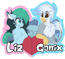 Size: 3196x2909 | Tagged: safe, artist:meggchan, oc, oc only, oc:ganix, oc:liz, species:griffon, species:pegasus, species:pony, badge, chest fluff, claws, couple, cute, floppy ears, fluffy, galiz, heart, heart eyes, interspecies, love, piercing, romantic, shipping, tongue out, wingding eyes