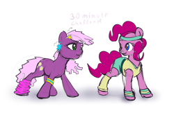 Size: 1771x1152 | Tagged: safe, artist:xbi, character:cheerilee, character:pinkie pie, species:earth pony, species:pony, 30 minute art challenge, 80s, 80s cheerilee, clothing, female, leg warmers, mare, shorts