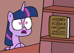 Size: 1612x1152 | Tagged: safe, artist:moonatik, derpibooru original, character:twilight sparkle, character:twilight sparkle (alicorn), species:alicorn, species:pony, bibliophile, book, bookcase, bookshelf, cargo ship, d:, drool, eyes on the prize, female, frown, heart eyes, history, hooves together, mare, math, nerdgasm, open mouth, science, shipping, simple background, solo, that pony sure does love books, that pony sure does love science, twibook, wide eyes, wingding eyes