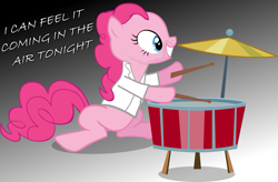 Size: 1997x1312 | Tagged: safe, artist:ahumeniy, artist:grapefruitface1, edit, character:pinkie pie, species:pony, clothing, crossover, drummer, drums, female, gradient background, in the air tonight, mashup, music, musician, phil collins, ponified, solo, song reference, vector, vector edit