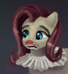 Size: 1422x1550 | Tagged: safe, artist:xbi, character:fluttershy, species:pegasus, species:pony, 30 minute art challenge, clothing, clown, costume, female, flutterclown, mare, ruff (clothing), sad clown, solo