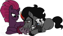 Size: 900x512 | Tagged: safe, artist:tambelon, character:king sombra, character:tempest shadow, oc, oc:somber night, parent:king sombra, parent:tempest shadow, parents:sombrest, species:pony, species:unicorn, my little pony: the movie (2017), baby, baby pony, broken horn, clothing, colt, crack shipping, diaper, female, filly, male, mare, next generation, offspring, prone, scarf, shipping, simple background, smiling, sombrest, stallion, straight, watermark