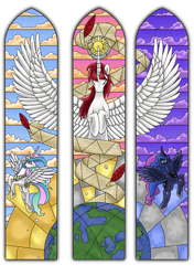 Size: 2471x3502 | Tagged: safe, artist:evil-dec0y, character:princess celestia, character:princess luna, oc, oc:fausticorn, species:alicorn, species:pony, stained glass