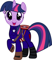 Size: 1600x1860 | Tagged: safe, artist:grapefruitface1, artist:xpesifeindx, derpibooru original, edit, character:twilight sparkle, species:pony, avengers, boots, captain america, captain equestria, clothing, female, gloves, mare, marvel, marvel cinematic universe, parody, sheild, shoes, simple background, solo, transparent background, vector, vector edit