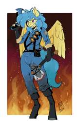 Size: 646x1024 | Tagged: safe, artist:zwitterkitsune, oc, oc only, oc:mercury drop, species:anthro, species:pegasus, species:pony, species:unguligrade anthro, anthro oc, axe, clothing, female, gun, mare, pyro, smiling, team fortress 2, weapon