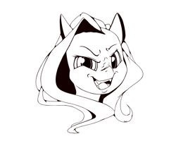 Size: 2500x2000 | Tagged: safe, artist:miokomata, character:fluttershy, species:pony, black and white, bust, fangs, female, grayscale, lineart, looking at you, mare, monochrome, nose wrinkle, open mouth, portrait, raised eyebrow, simple background, smiling, solo, white background