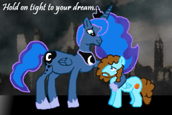 Size: 587x392 | Tagged: safe, artist:grapefruitface1, character:princess luna, oc, oc:electric light, species:alicorn, species:pegasus, species:pony, anatomically incorrect, comforting, complex background, dream, dream walker luna, electric light orchestra, elo, equestria light orchestra, female, hold on tight, implied shipping, incorrect leg anatomy, jeff lynne, male, mare, music, musician, parody, science fiction, song reference, stallion, steampunk, time travel