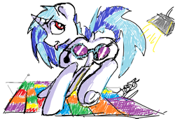 Size: 890x606 | Tagged: safe, artist:beardie, character:dj pon-3, character:vinyl scratch, dance floor, dj boot-3, female, glasses, plot, signature, solo, tongue out, vinyl ass