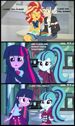 Size: 1316x2226 | Tagged: safe, artist:themexicanpunisher, character:flash sentry, character:sonata dusk, character:sunset shimmer, character:twilight sparkle, ship:flashimmer, my little pony:equestria girls, comic, female, lesbian, male, shipping, straight, twinata